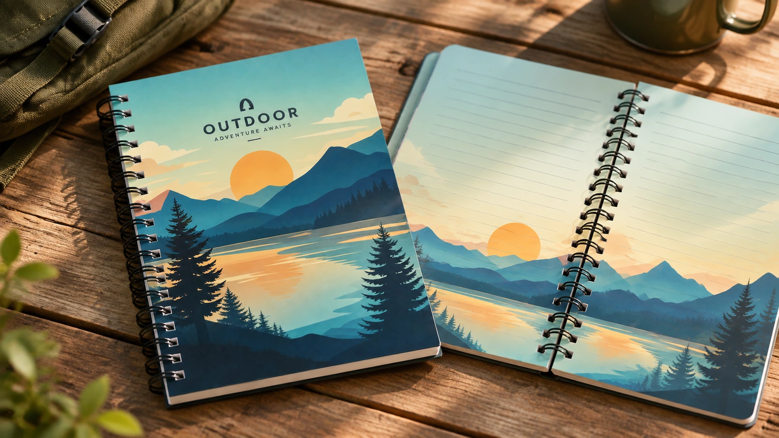 Portada del cuaderno e interior ilustrado Concepto de cuaderno con portada apaisada junto a un cuaderno abierto con páginas interiores ilustradas