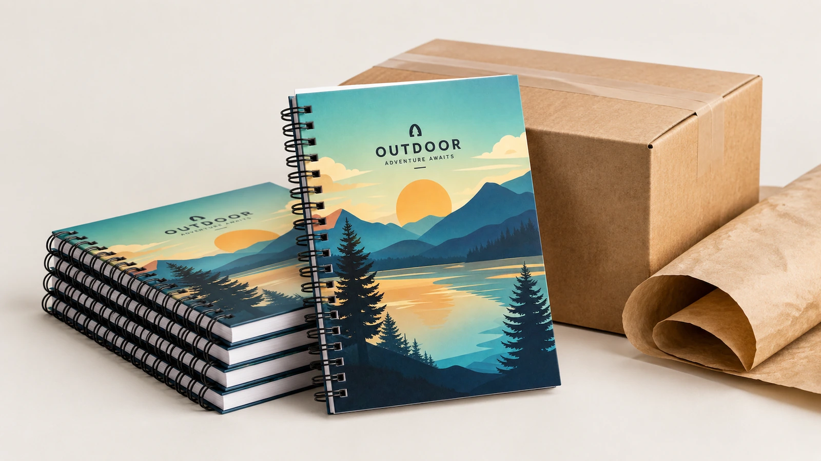 Cuadernos junto a materiales de embalaje Concepto de cuadernos apilados con portada apaisada junto a una caja de cartón y papel kraft