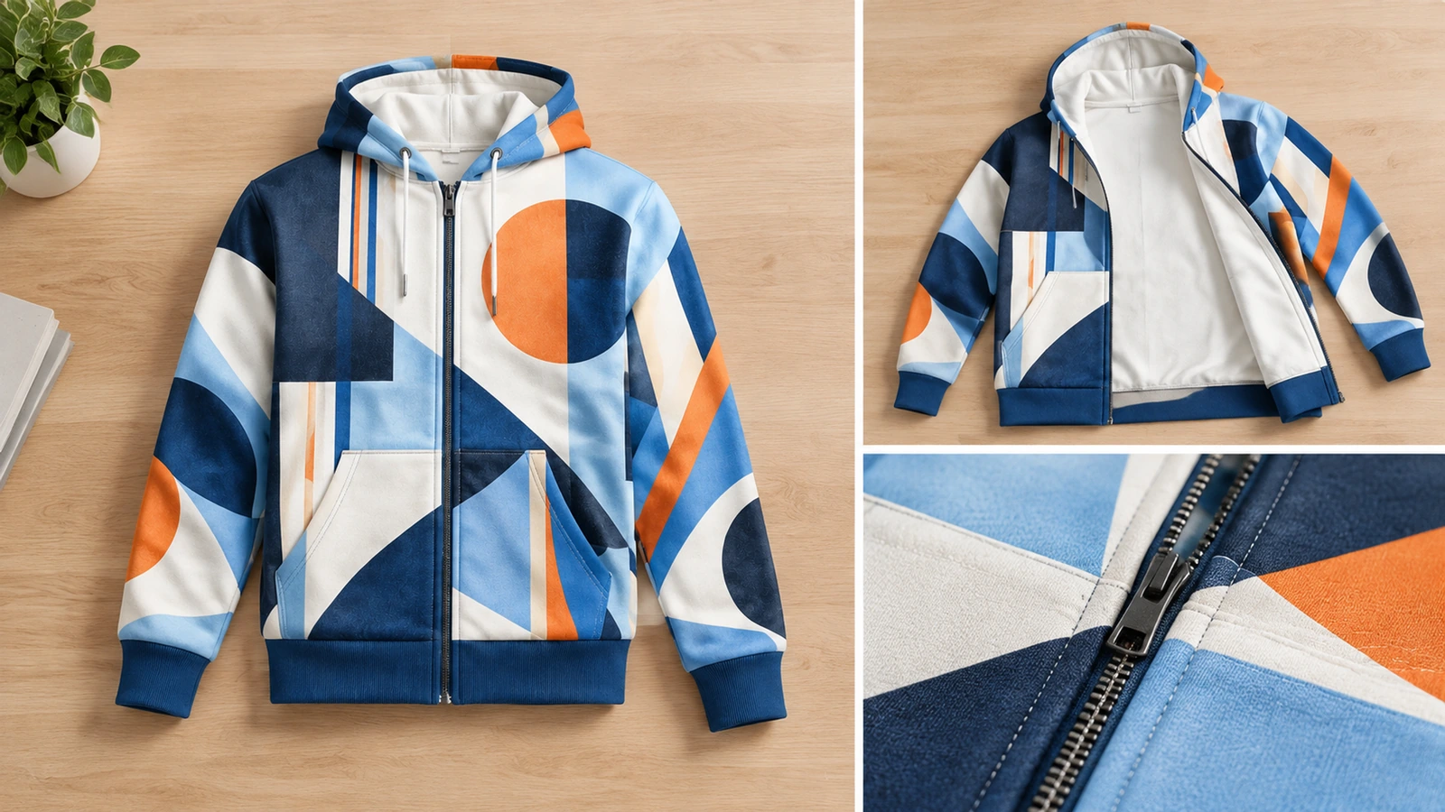 Collage de una sudadera geométrica con cremallera mostrada extendida, parcialmente abierta y en primer plano de la cremallera