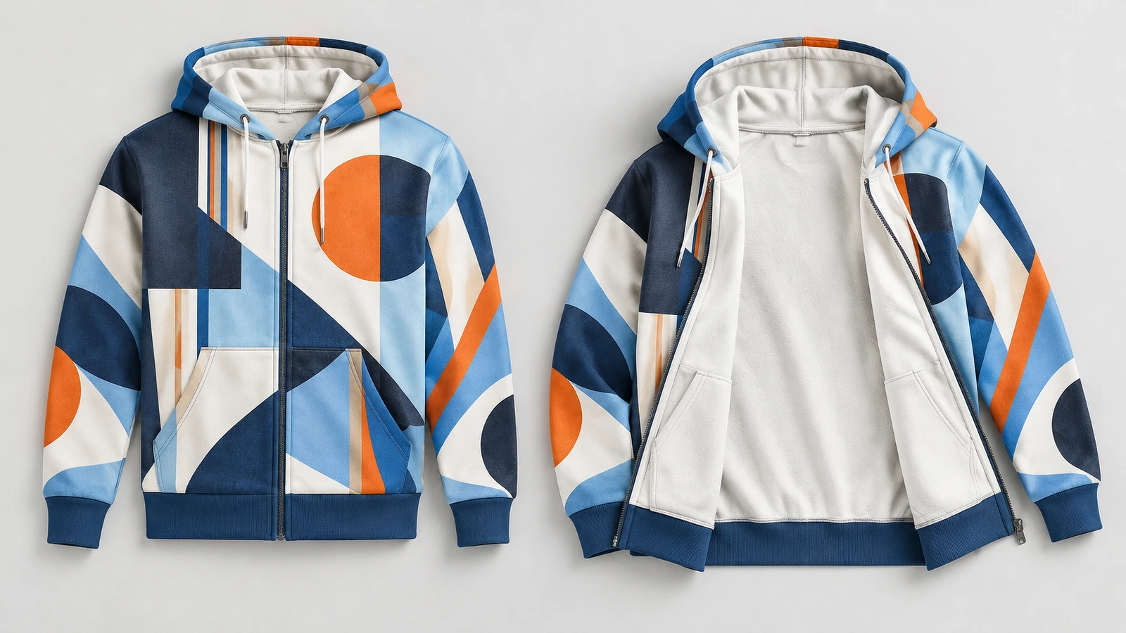 Sudadera geométrica con cremallera mostrada cerrada y abierta para revelar un interior claro