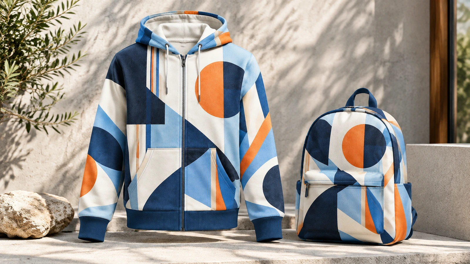 Sudadera geométrica con cremallera expuesta junto a una mochila con diseño a juego en azul y naranja