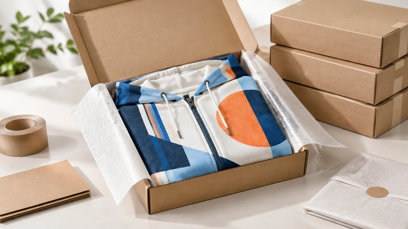 Sudadera con cremallera doblada en una caja de cartón forrada con papel de seda, junto a cajas apiladas